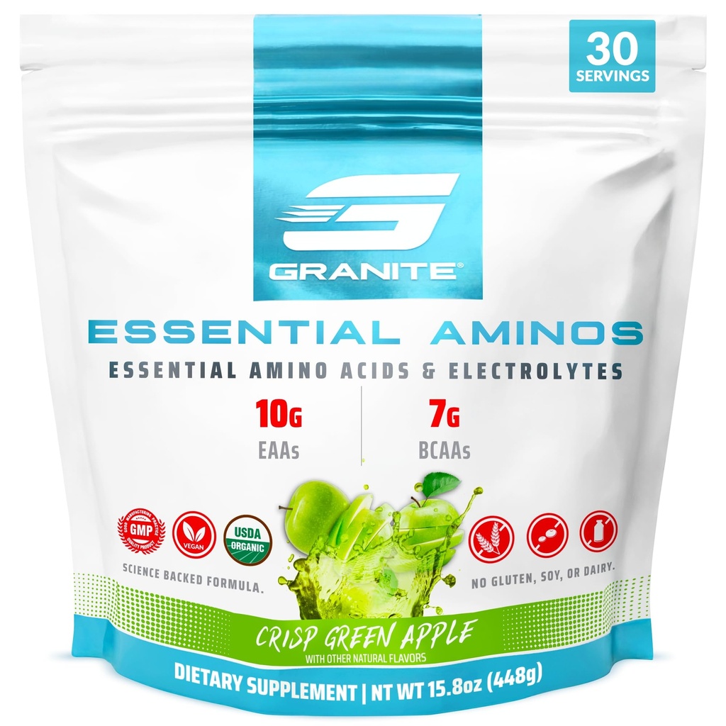 Granitová esenciální aminokyseliny Powder, Green Apple Flavor, s 10g EAA a 7g BCAA, podporuje svalovou obnovu & růst, Soy-free, gluten- free (30 Služeb)