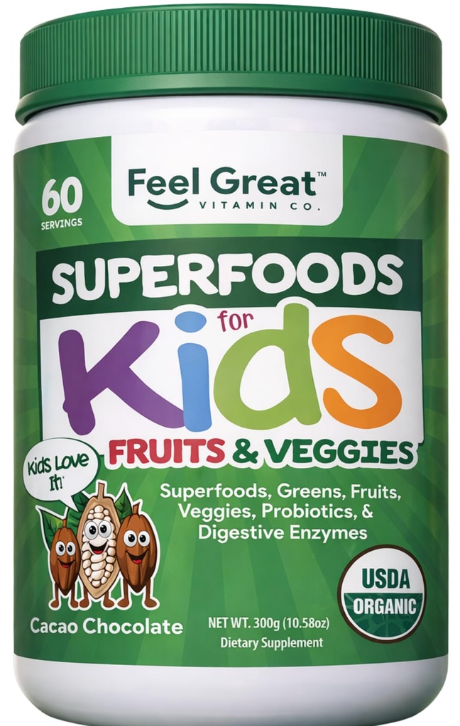 Feel Great USDA Organic Super Green Powder for Kids - Cocao Chocolate Cotto124; Ovoce a Veggie dodatek Cotto124; Superfood Powder with Probiotics & Digestive Enzymes for Digestive Health Cotto124; 60 Days Supply