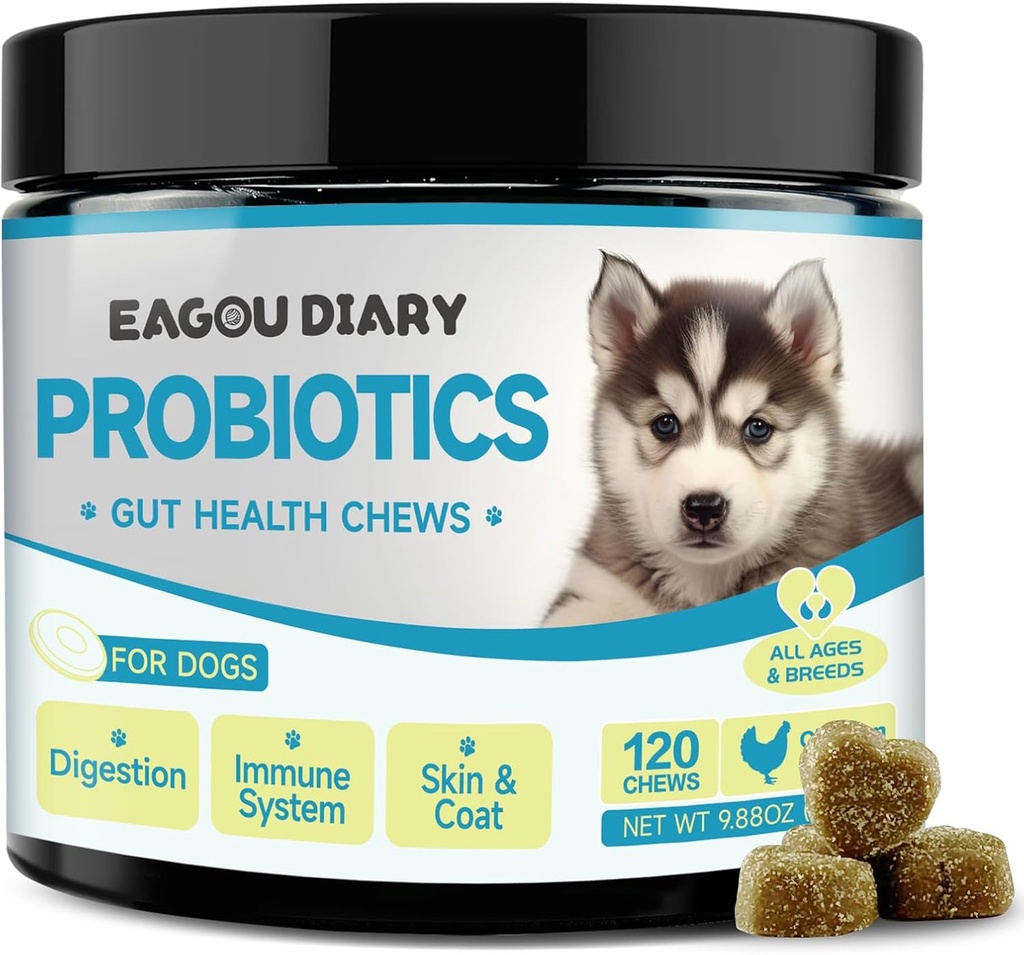 Diář Eagou Probiotika pro psy - Psí Probiotika pro stravitelné zdraví, Gut Zdraví doplňky s prebiotika, Kozí mléko, Omega 3, Vitamíny, Žvýkání pro psí průjem, Žaludek, Plynová úleva - 120 Ct