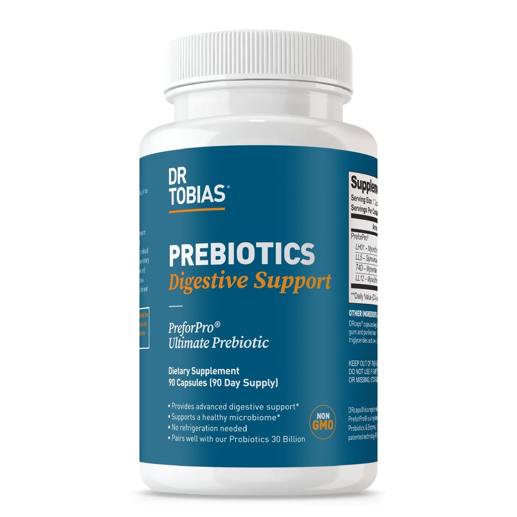 Dr. Tobias Prebiotika Stravovací Podpora, Pokročilý Prebiotický dodatek pro Gut zdraví, imunitní funkce a posílení pro Probiotika pro ženy a muže, Vegan, Non- GMO, 90 Kapsle, 90 Služební