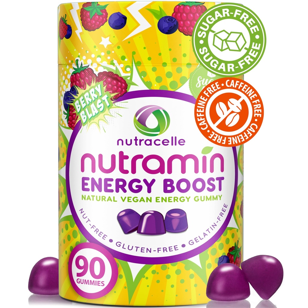 NUTRAMIN Energy Boost Vitamin Gummy - Přeskočit kávu a zvýšit svou energii, Caffeine- Free, Sugar- Free, Vegan, B12, Green Tea, Ashwagandha, Garcinia Cambogia, Raspberry Adaptogen - 90 ct