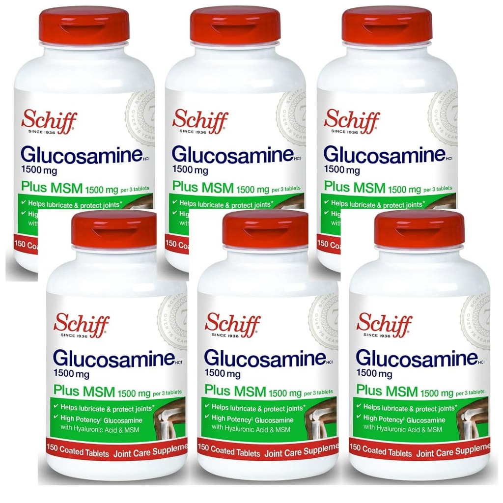 Schiff Glucosamine 1500mg Plus MSM a kyselina hyaluronová, 150 tablet - společný dodatek (balení po 6 tabletách)