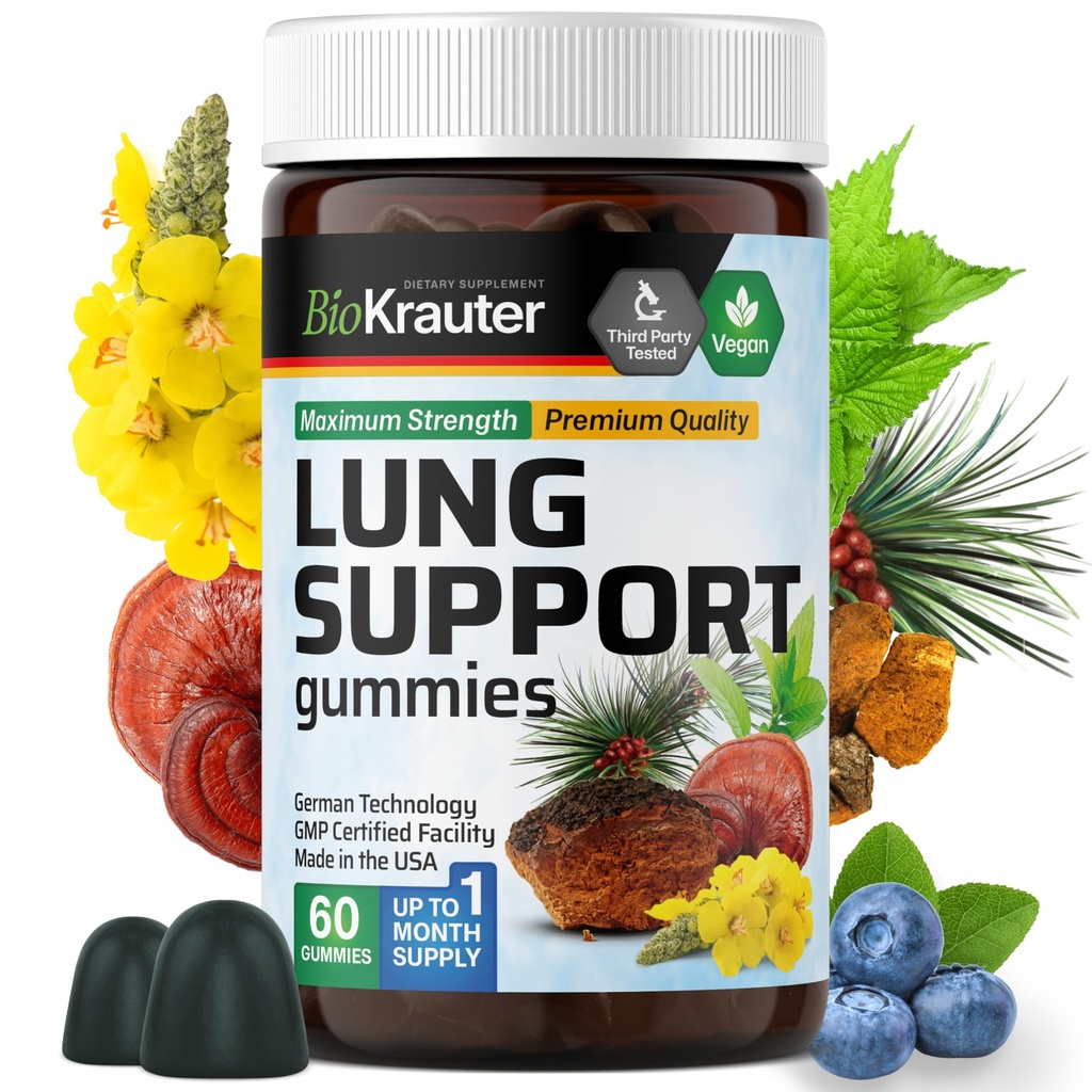 BIO KRAUTER Lung Detox Gummies - 60 Vegan Chews - Lung Cleanse Dodatek w / Vitamin C & Mullein Leaf Blend - Respirační podpora
