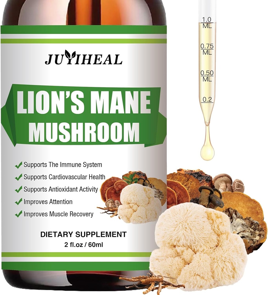 Lions Mane Liquid - Brain Support, Energy, Memory & Focus - Sugar & Alcohol- Free Lions Mane Supplement - 2 Fl OZ, 2 měsíční dodávka