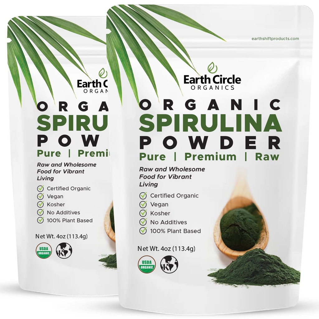 Pozemský kruh Organics Spirulina Powder, Kosher, Surové a Non-ozářené 124; Čisté Veganské proteinové 124; Premium Superfood, High in Amino Acids and Antioxidants - 4 Ounce (2 balení)