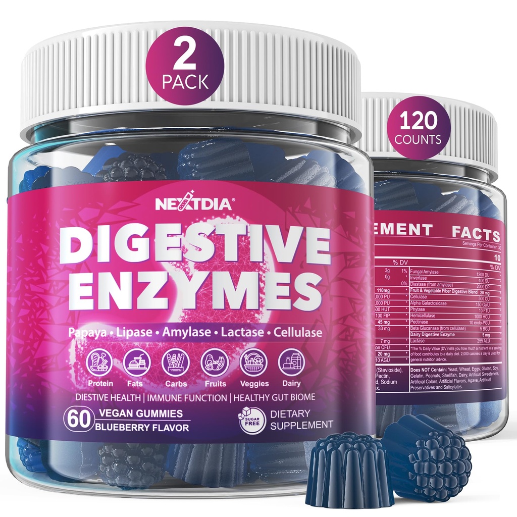 Trávicí enzymy pro ženy a muže Gummies w / Probiotika, Papaya, Bromelain, Ginger - Bloating Relief & Gut Health Žvýkací doplněk Digest Proteins Dairy Carbs Veggies Fats, Cukr zdarma Vegan, 120Cts