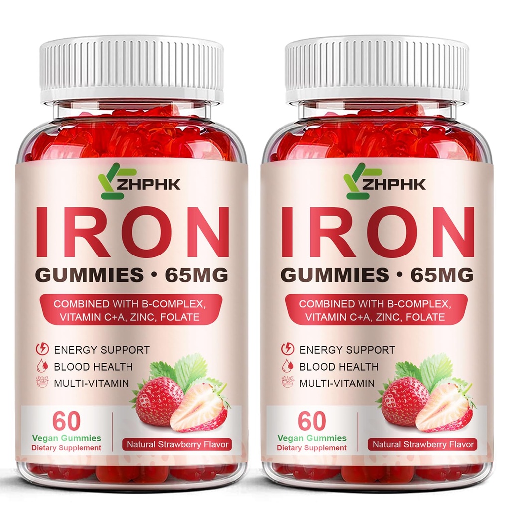 Železo doplněk žvejkačky pro ženy, muži a děti, 65mg Železo & 250mg Vitamin C na servírování - Zdravá krev, Energie a imunitní podpora Železný vitamin Gummy s folátem, 2 Pack
