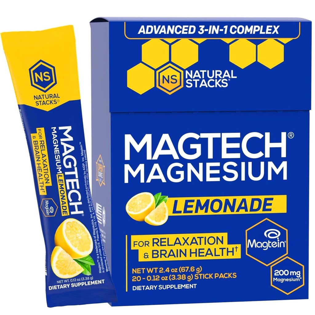 MagTech Magnesium Drink Mix - Sugar Free Lemonade - 3 Formy hořčíku: Magtein L- Threonát, Glycinát & Taurát - 200mg Chelated Magnesium Complex - Podporuje relaxaci a zdraví mozku - 20 Služeb
