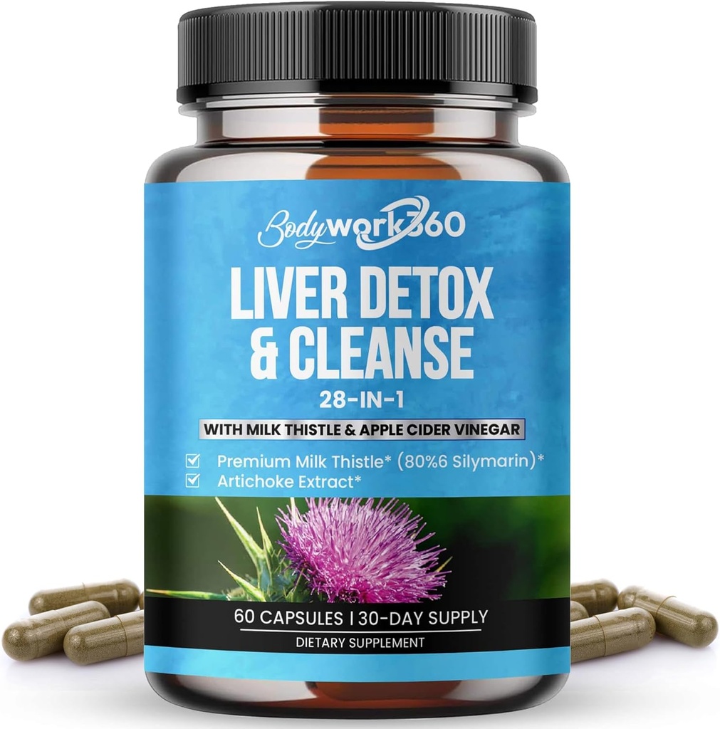 Jaterní detox & Cleanse - 28- in-1 Jaterní opravy a podpora doplněk pro muže a ženy s mléčným thistle, jablečný ocet, kořen pampelišky extrakt & Artichode Extract - Non- GMO, 60 Kapsle