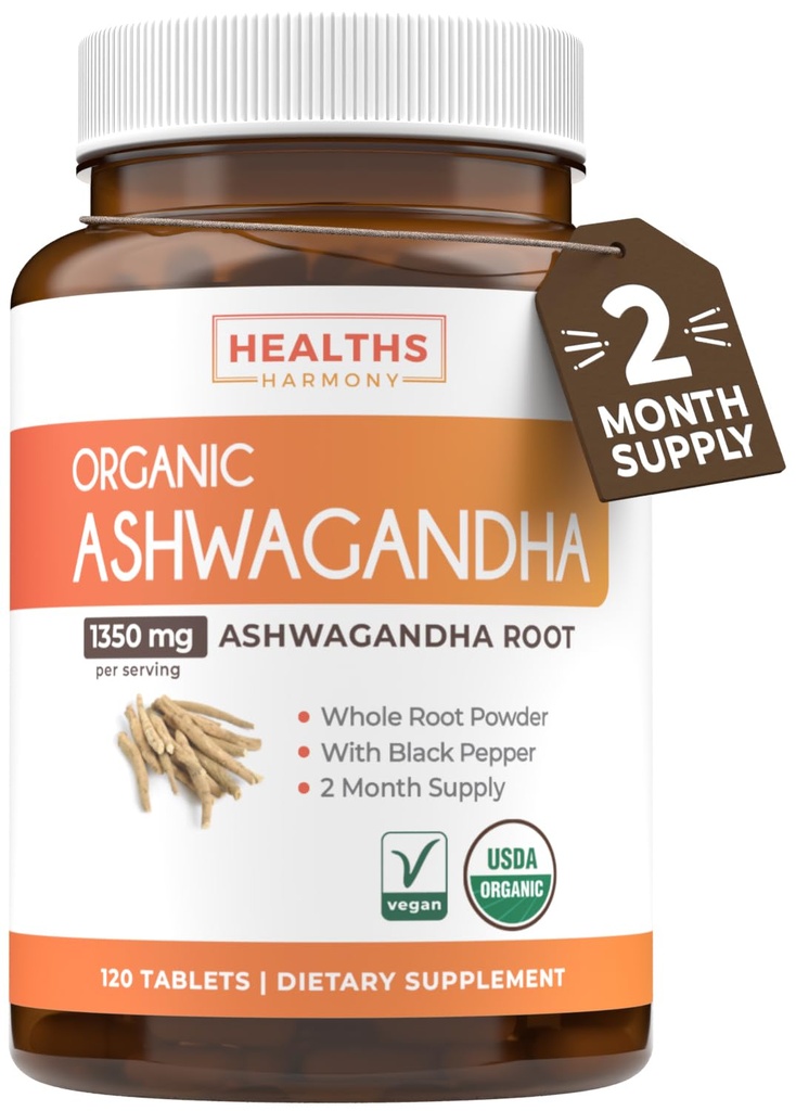 USDA Organic Ashwagandha Dodatek - High Potency Ashwagandha Pills Made with Organic Black Pepper for Enhanced Absorption - Vegan Non- GMO Made in the USA & Lab Ověřené (2 měsíce dodávky)