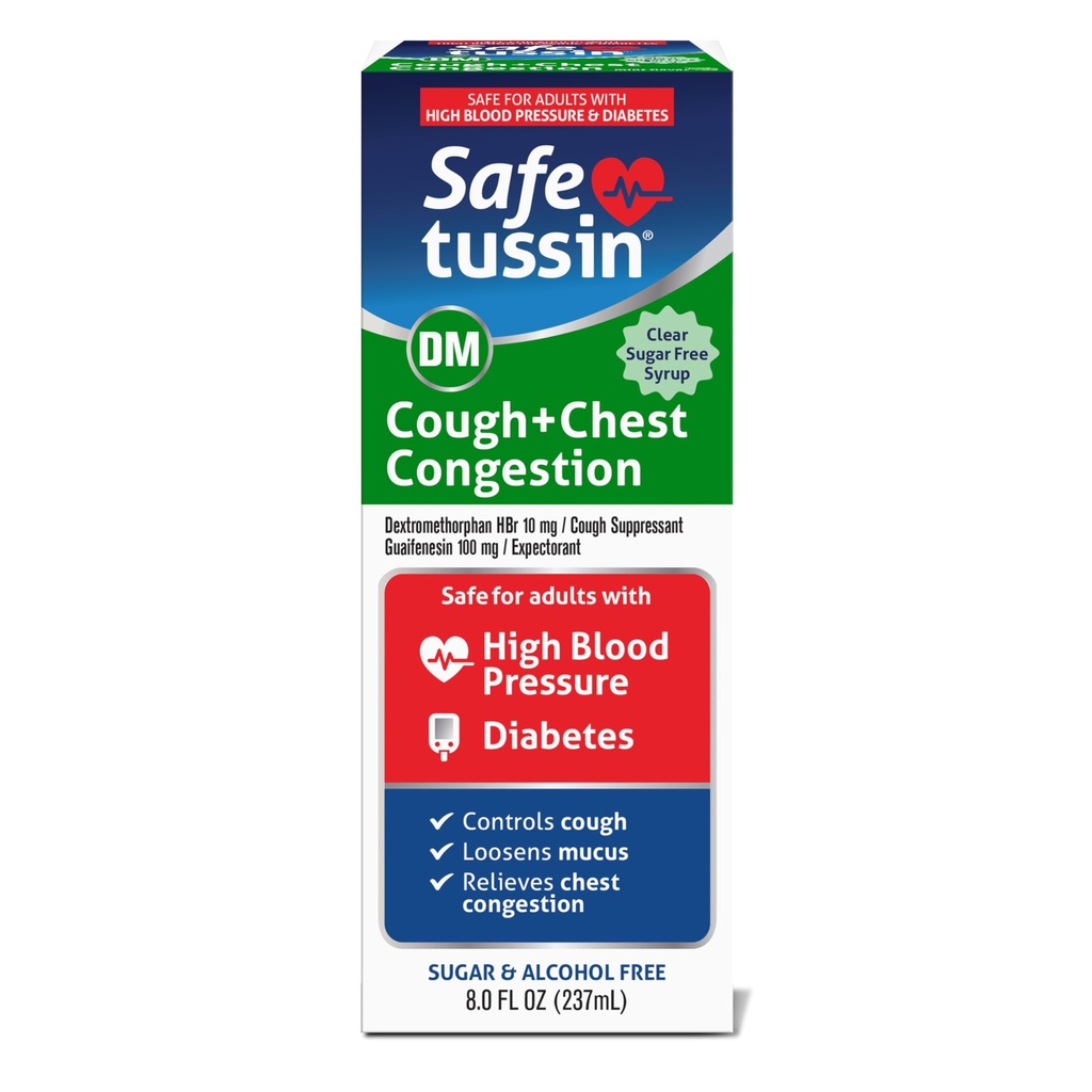 Safetussin DM Kašel & hrudník Congestion, 8 oz, Expectorant Mucus Relief, Cough Relief Sirup, bezpečné pro dospělé s vysokým krevním tlakem & cukrovka