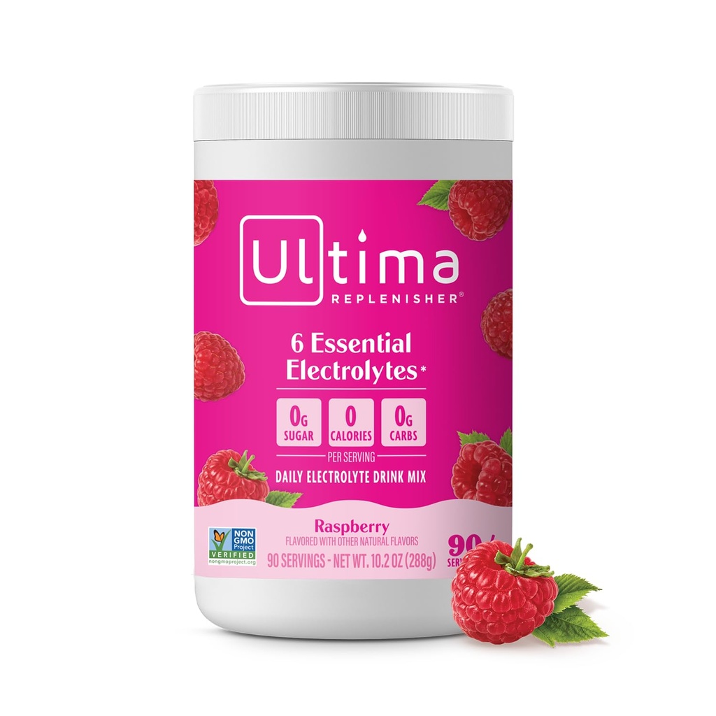 Ultima Replenisher Daily Electrolyte Powder Drink Mix - Cukr zdarma - Malina, 90 Servings - Hydration Powder s 6 klíčovými elektrolyty a stopovými minerály - Keto Friendly, Vegan, Non- GMO