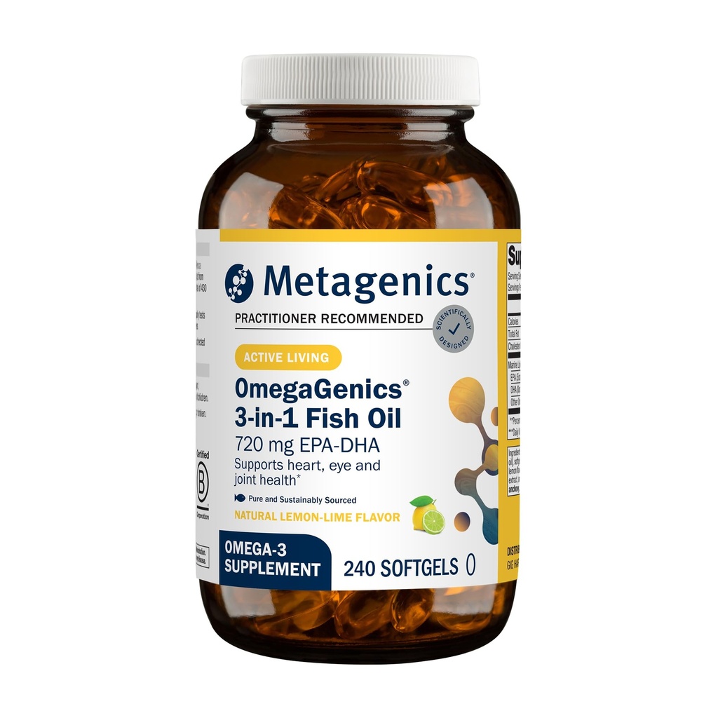 Metagenika OmegaGenics Fish Oil EPA-DHA 720 mg - Omega33 Fish Oil Supplement - High potency - for Heart Health, Musclorable Health & Imunitary System Health * - with DHA & EPA - 240 Softgels