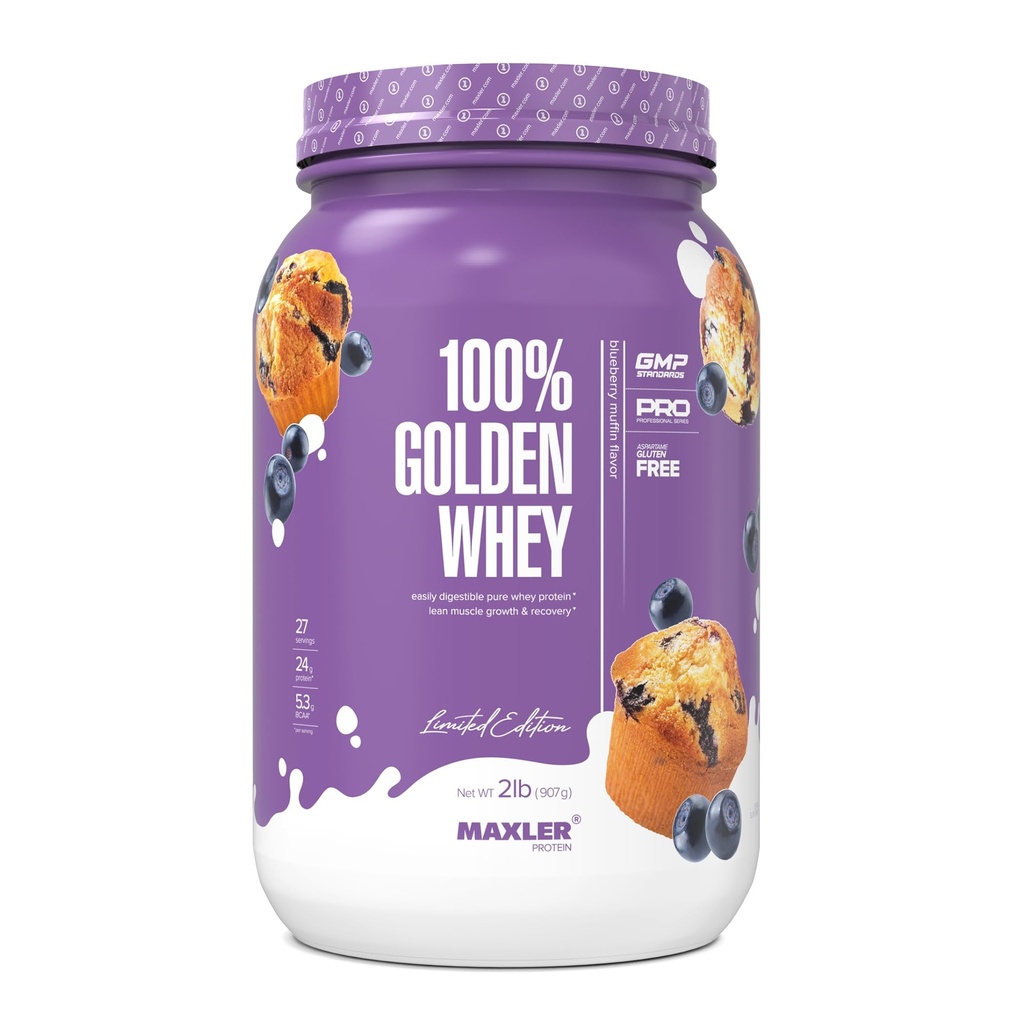 Maxler 100% Golden Syrovátkový protein - 24g proteinu per Serving - Premium syrovátkový protein prášek pro předpost cvičení - Fast- Absorbující syrovátkový koncentrát, izolát a hydrolyzátová směs - Blueberry Muffin 2 LB