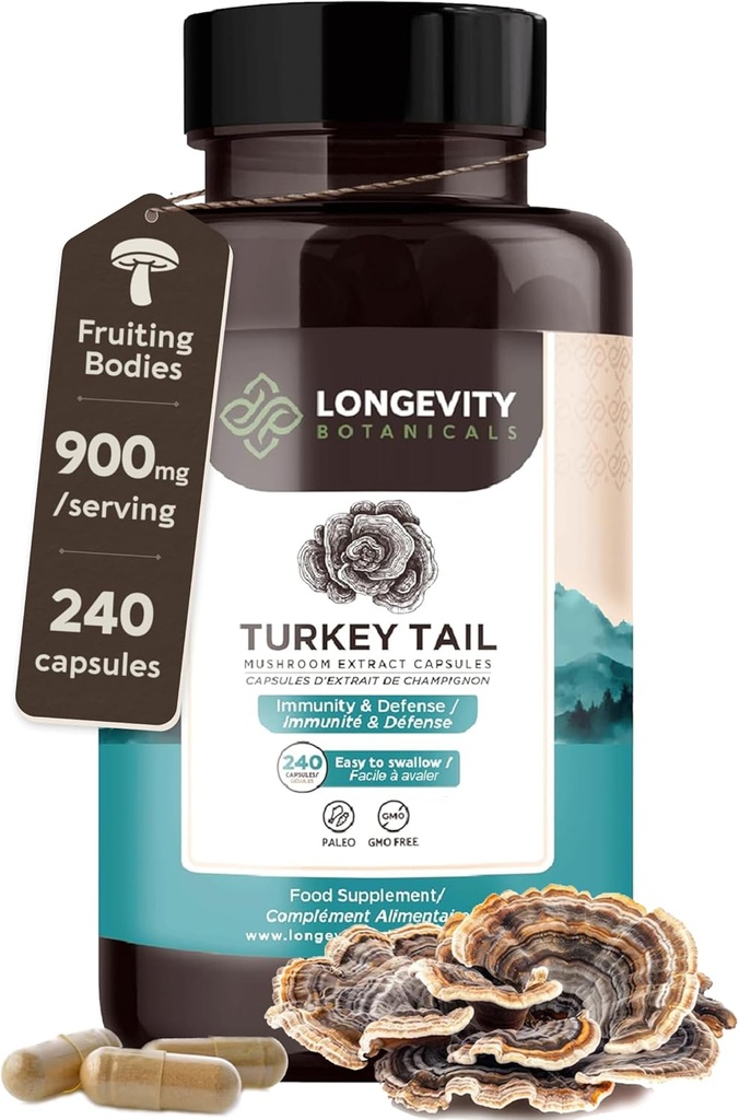 Organic Turkey Tail Houbové kapsle dodatek (240) 124; Pure Fruiting Body 10: 1 Vysoká síla extrakt 124; 50% Beta-D Glucans CLAS124; 9,000mg Raw Ekvivalentní Per Serving CLAS124; Imunní, Gut & Mikrobiome Support