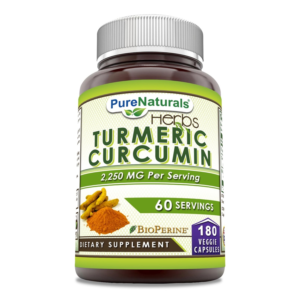 Pure Naturals Turmeric Curcumin s bioperine 2250 mg per Serving Supplementary CLAS124; Veggie Capsules CLAS124; Non- GMO CLAS124; Gluten Free CLAS124; Made in USA (1 balení, 180 Počet)