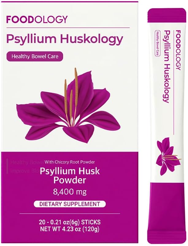 FOODOLOGIE Psylium Huskologie (20 Sticks, 10 dní) - Bylinné Psylium Husk dodatek pro zácpu, Gut zdraví. Plant- based dietary fiber, Maximální síla 7,200mg.