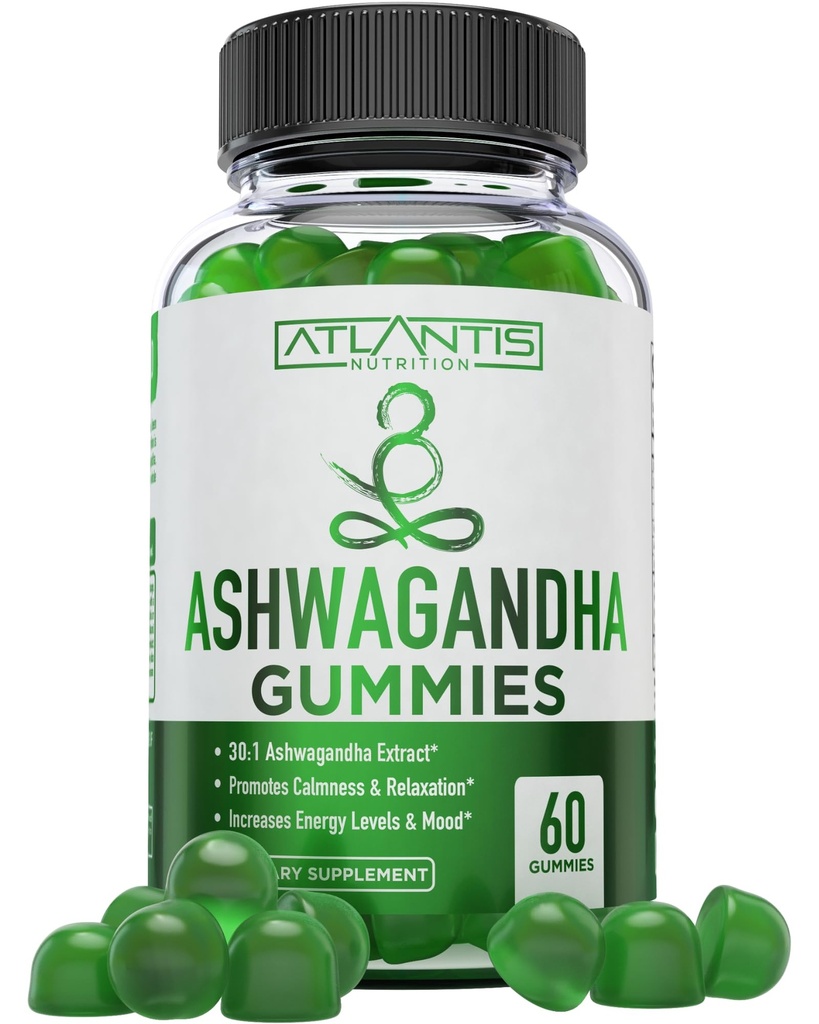 Atlantis Nutrition Ashwagandha Gummies - 1500 MG Per Serving - Podporuje Calmness, zlepšuje náladu, zvyšuje energetické hladiny a posiluje imunitní systém - Vhodné s vitaminem D & Zinek - Veganské 124; 60 Počet