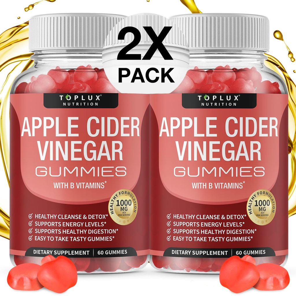 Topux Apple Cider Ocet Gummies - 1000mg ACV s B12, Beet Root, Granátová sůl pro imunitní systém, Detox & Cleanse, Gummy Alternativa k Apple Cider Ocet Kapsle, pro ženy 2X Pack