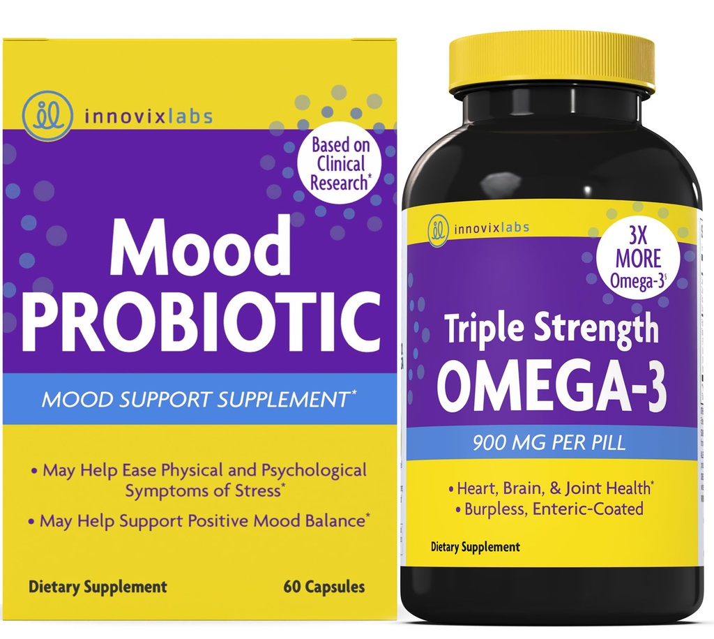 InnovixLabs Mood Probiotic & Triple Omega Bundle Mood Probiotic (60 Kapsle) Triple Strength Omega-3 Fish Omega-3 Oil (200 Softgel). Podporuje mozek, klouby a imunitní zdraví *