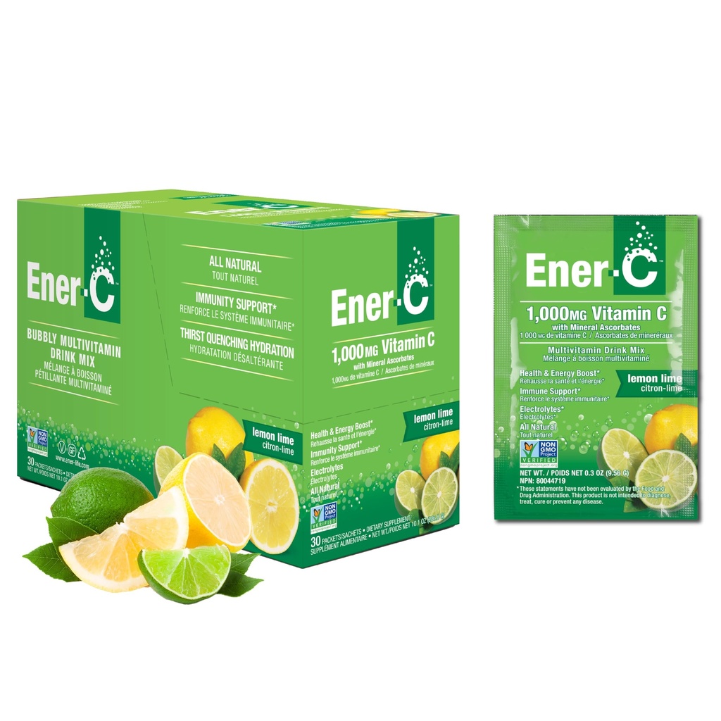 Ener- C Multivitamin Drink Mix - Vitamin Packets for Water, Electrolytes Powder Packets, Vitamin Drink Mix, Hydration Liquid Mix, Imunitní posilovač pro dospělé, Zdravá energie - Lemon Lime, 30 Počet