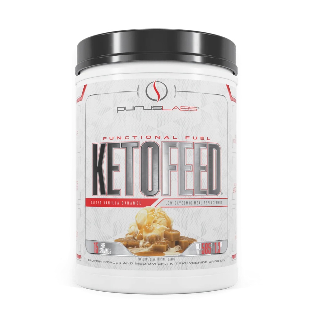 Purus Labs KetoFeed Protein Yellow 124; Keto Low Glycemic Protein Meal Replacement Yellow 124; Low Carb, 0 Sugars Yellow 124; Přidáno MCTs Yellow 124; 20g Syrovátkový protein (Slazený vanilkový karamel)