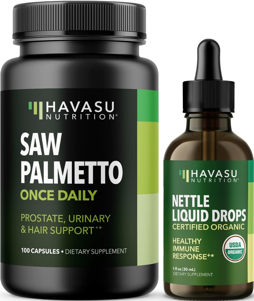HAVASU NUTRITION Stening Nettle Leaf Extract Liquid Drops (60 Doručování) & Saw Palmetto Kapsle (100 Doručování)
