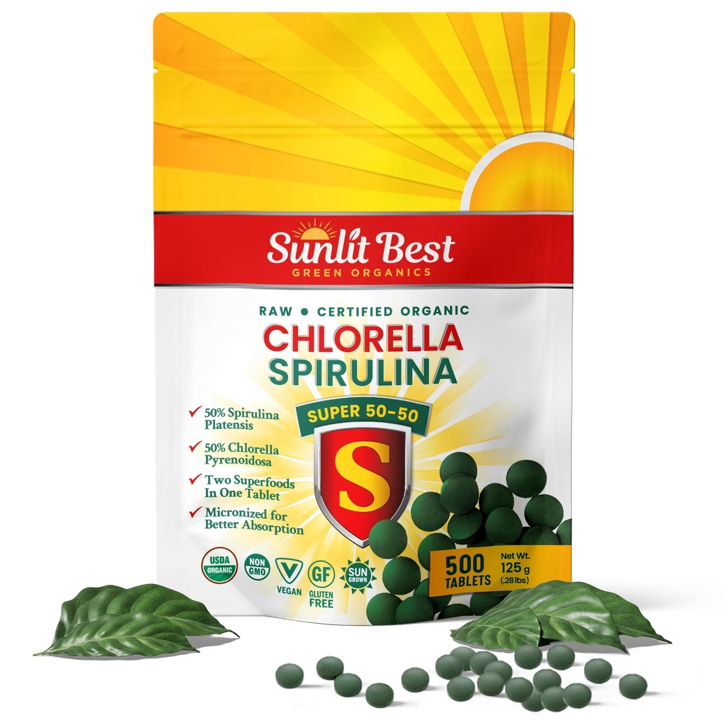 Sunlit Super 50 / 50 Organic Chlorella Spirulina Tablety - Super dodatek pro imunitní podporu, Gut Health, Mood & Energy - Bohaté na chlorofyl, aminokyseliny & Vegan Protein, 500 Superfood Tabs