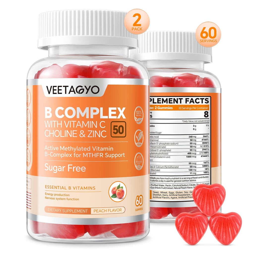 B Complex 50 Gummies, Methyled B Complex with Vitamin C, Choline & Zinek - Active Methylovaný B- Complex for Energy, Methyled Support - All B Vitamíny - B1, B2, B3, B5, B6, B7, B9, B12 - Cukr zdarma, 120 Počet
