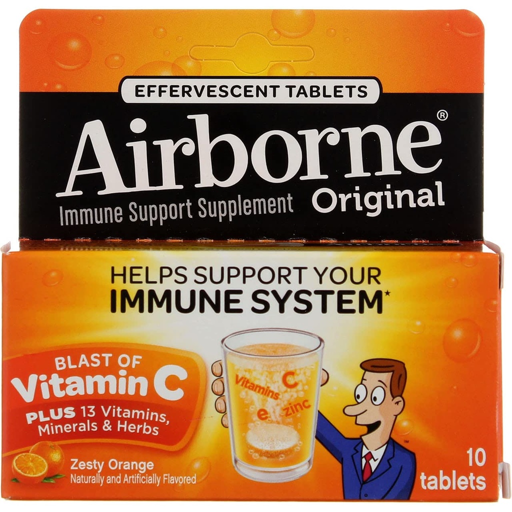Airborne 1000mg vitamin C s vitaminem D & zinek, cukr zdarma Multivitamin imunosupport dodatek, antioxidanty vitaminy A C & vitamín E, 10 Effervescentní tablety, Zesty Orange Flavor