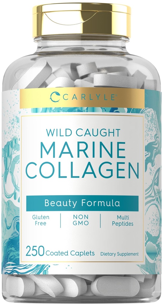 Carlyle Marine Kolagen pro vlasy kůže a nehtů 124; 250 Kaplety 124; Peptidy pro ženy a muže 124; Typ I s vápníkem 124; Non- GMO & gluten zdarma