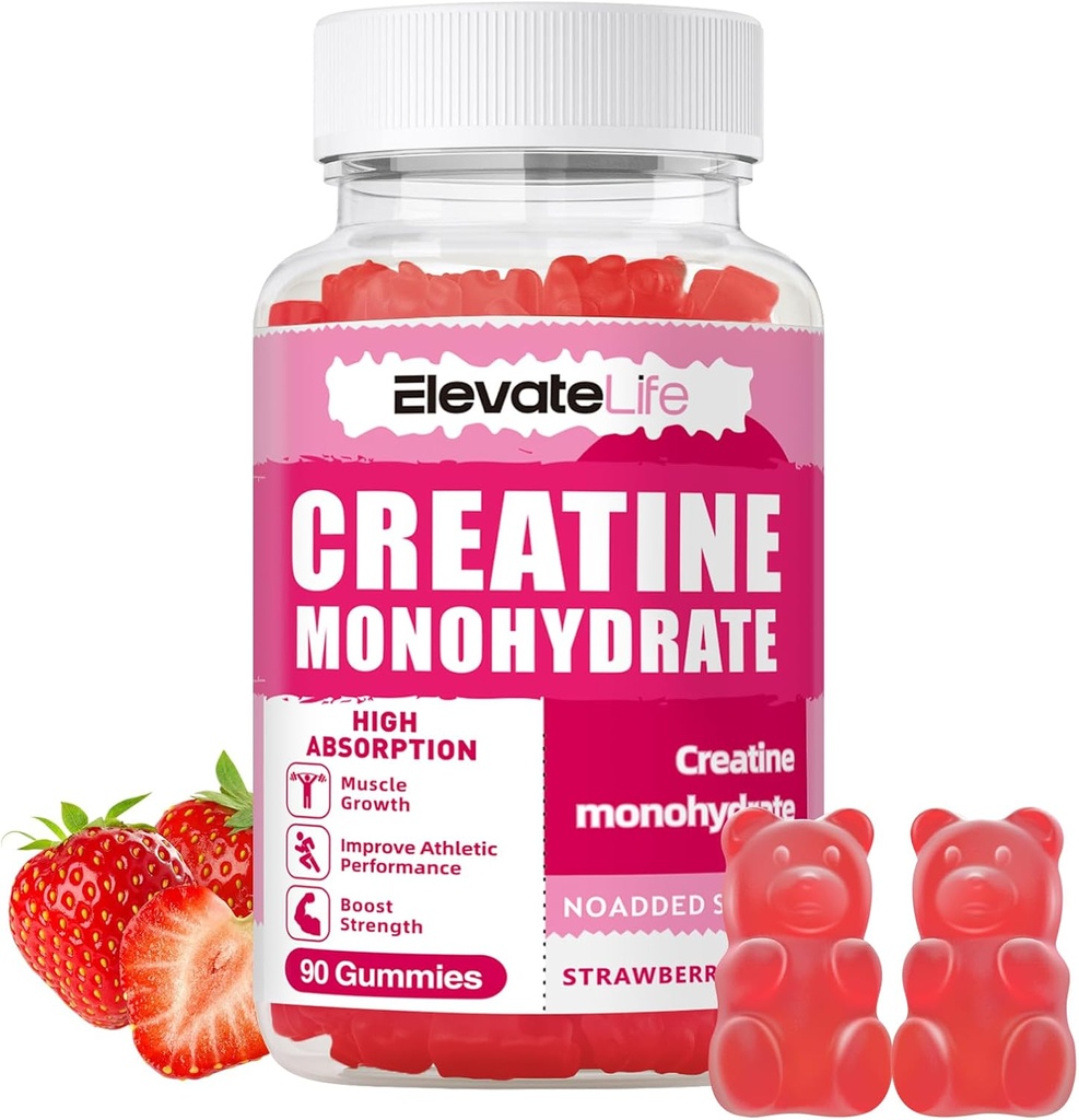 ElevateLife Creatine Monohydrát Gummies 5000mg pro muže a ženy, Chewables Creatine Monohydrát pro svalovou sílu, Muscle Builder, Energy Boost, Předcvičení dodatek (90 Počet) -Jahody