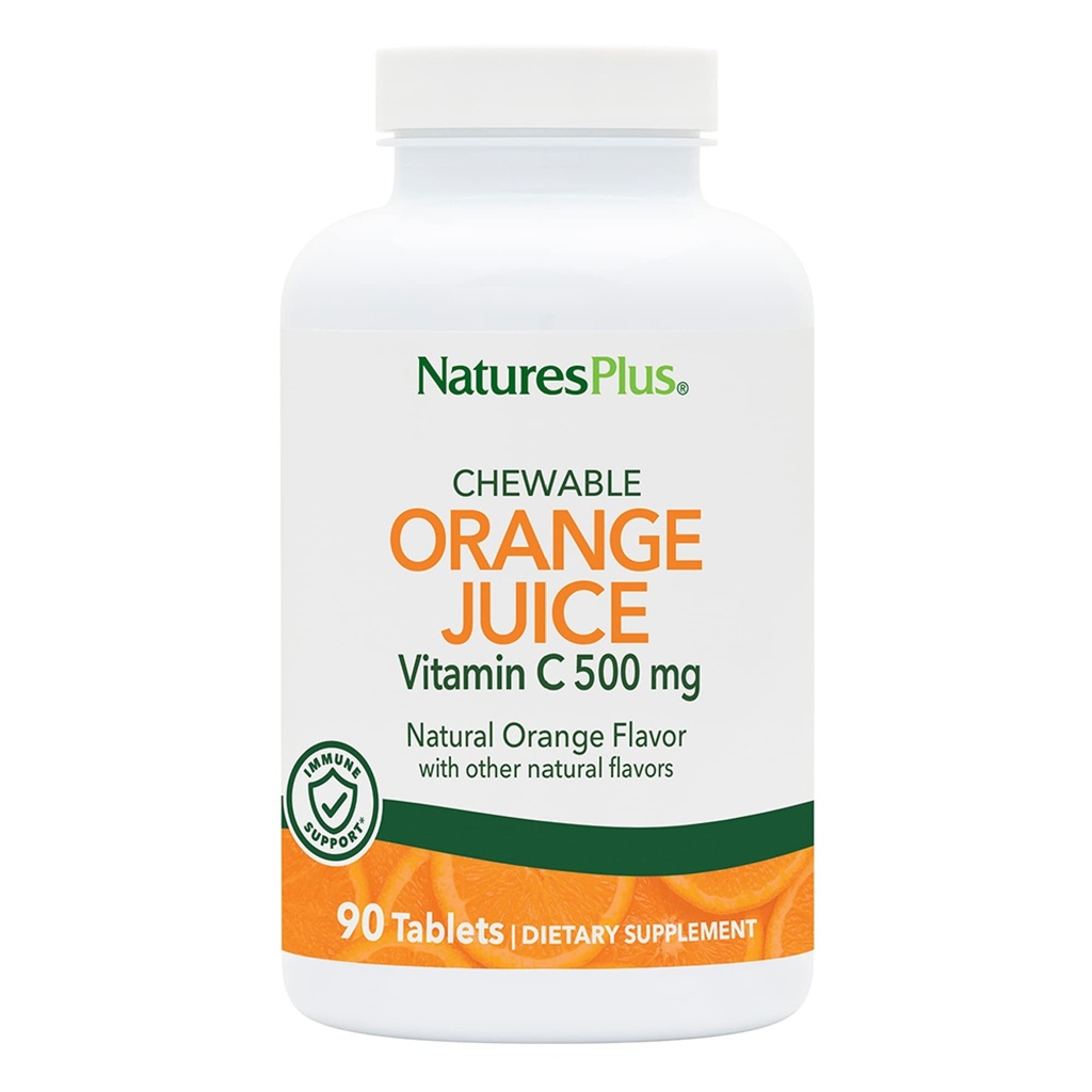 Natures Plus Orange Juice Žvýkací Vitamin C - 500 mg, 90 Tablet - High Potency Imunity & Cévní Zdraví Supplement, Antioxidant - Gentle On Stomach - Vegetariánské, gluten- Free - 90 Služeb