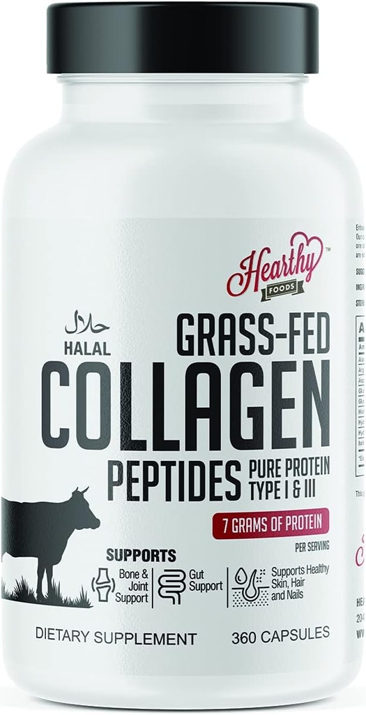 HEARTHY FOODS Kolagen pilulky dodatek (typ I, III), 360 Kolagenové kapsle Zdravé vlasy, kůže, nehty, spojky - Mléčné a gluten zdarma Kolagen dodatek - 7 Grams Protein per Serving