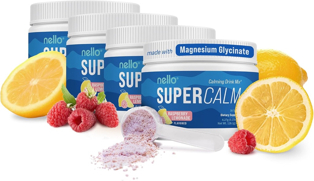 Nello Supercalm Drink Mix - Ashwagandha KSM 66, Magnesium Glycinát, L-Theanine, Vitamin D3 - Ashwagandha Root Extract, Magnesium & L-Theanine Dodatek - 30 Služeb - 4 Pack