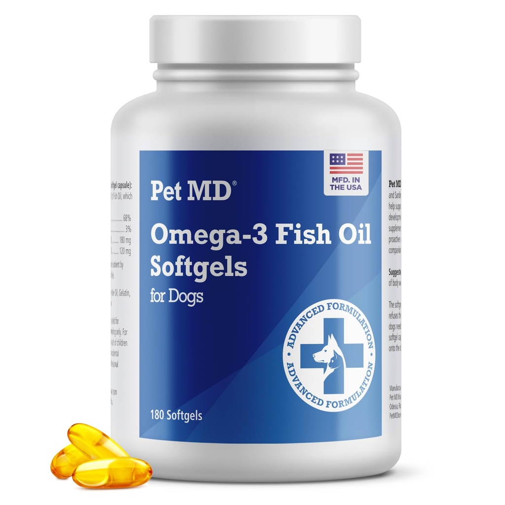 Pet MD - Omega 3 Rybí olej doplněk pro psy - Kožní a nátěrová podpora pro psy - 180 Softgels