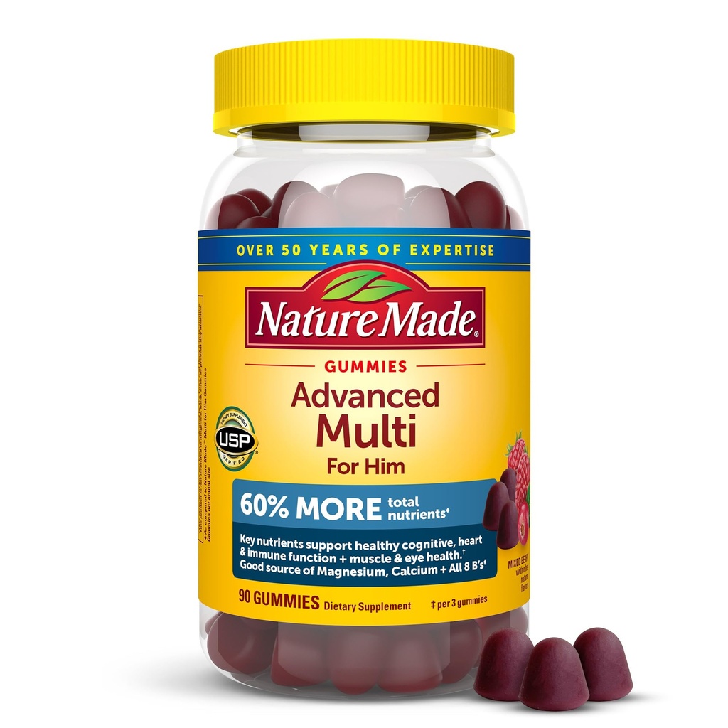 Nature Made Advanced Multivitamin Gummies pro něj s magnesium Citrát, vápník & všechny 8 B vitaminy, Multivitamin pro muže, 90 Gummies, 30 Day Supply