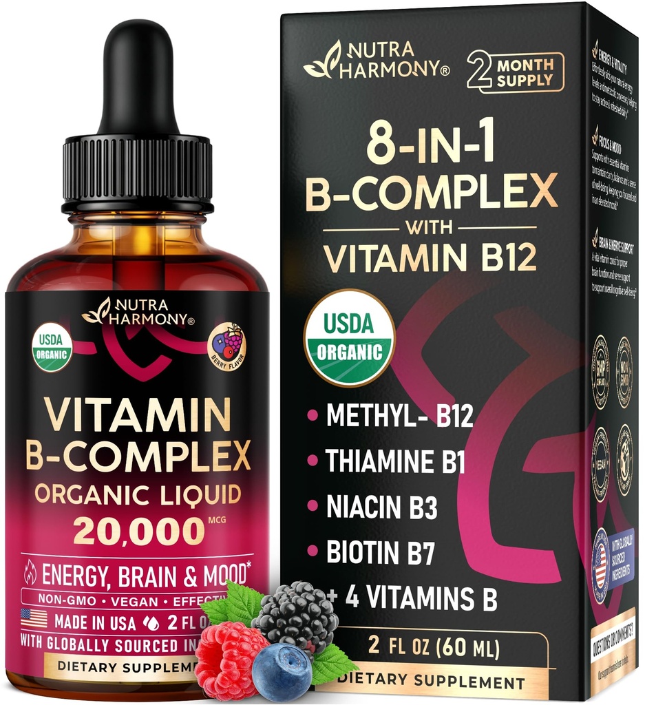USDA Organic Vitamin B- Complex B5 Kyselina pantothenová 124; B12 Methylkobalamin CLAS124; B1 Thiamin CLAS124; B6 Pyridoxin CLAS124; B7 Biotin CLAS124; B9 Folic CLAS124; B3 Niacinamid - B Complex Liquid Drops, Made in USA Supplement, 2fl oz