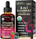 USDA Organic Vitamin B- Complex B5 Kyselina pantothenová 124; B12 Methylkobalamin CLAS124; B1 Thiamin CLAS124; B6 Pyridoxin CLAS124; B7 Biotin CLAS124; B9 Folic CLAS124; B3 Niacinamid - B Complex Liquid Drops, Made in USA Supplement, 2fl oz