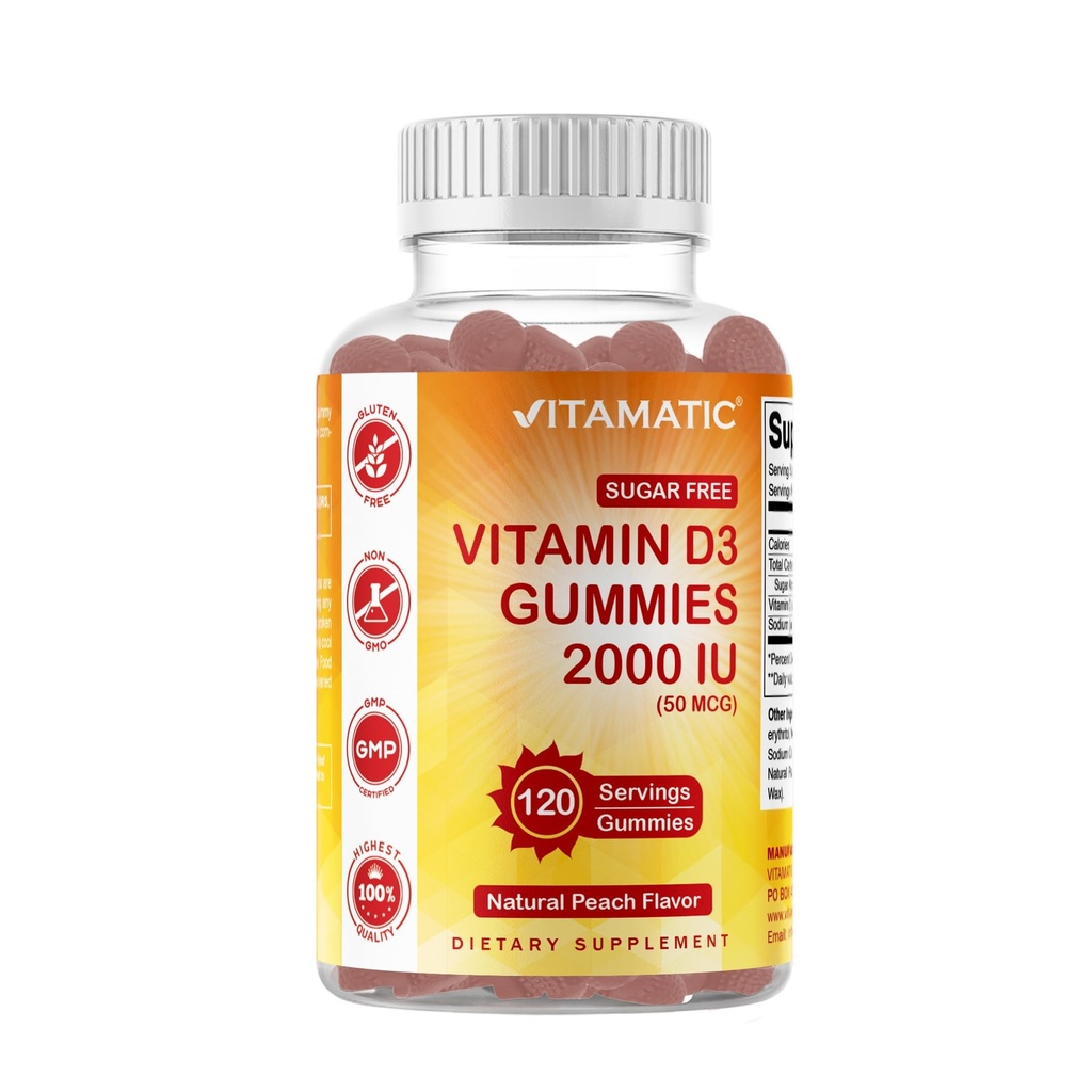 Vitamatický cukr Volný vitamin D3 2000 IU - 120 Pectin na bázi gumy - Skvělá chuť - Zdravé kosti, nálada a imunitní systém Funkce - Non- GMO - 120 Služební