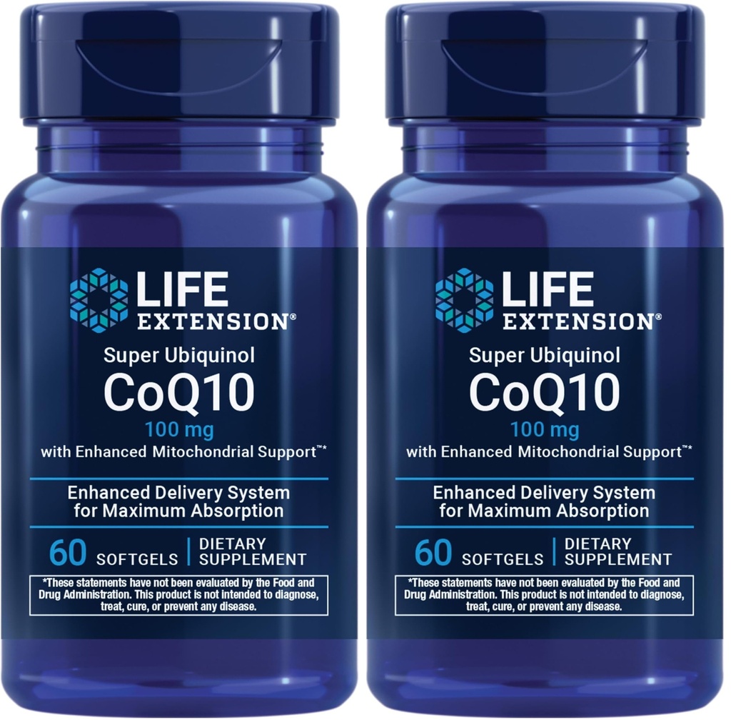 Life Extension Super Ubiquinol CoQ10 with Enhanced Mitochondrial Support, potent Heart Health & Cellular Energy Production Support, Ultraabsorbable, Gluten- Free, Non-GMO, 100 mg, 60 softgelů (Balení po 2)
