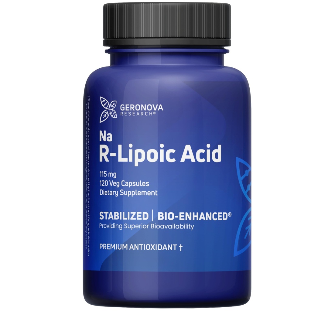Geronova Research Bio- Enhanced R- Lipoic Acid, 115 mg Kapsle - 4 Měsíční zásoba - Stabilizovaný R Alpha Lipoic Acid Supplement s vylepšenou absorpcí - 120 Počet
