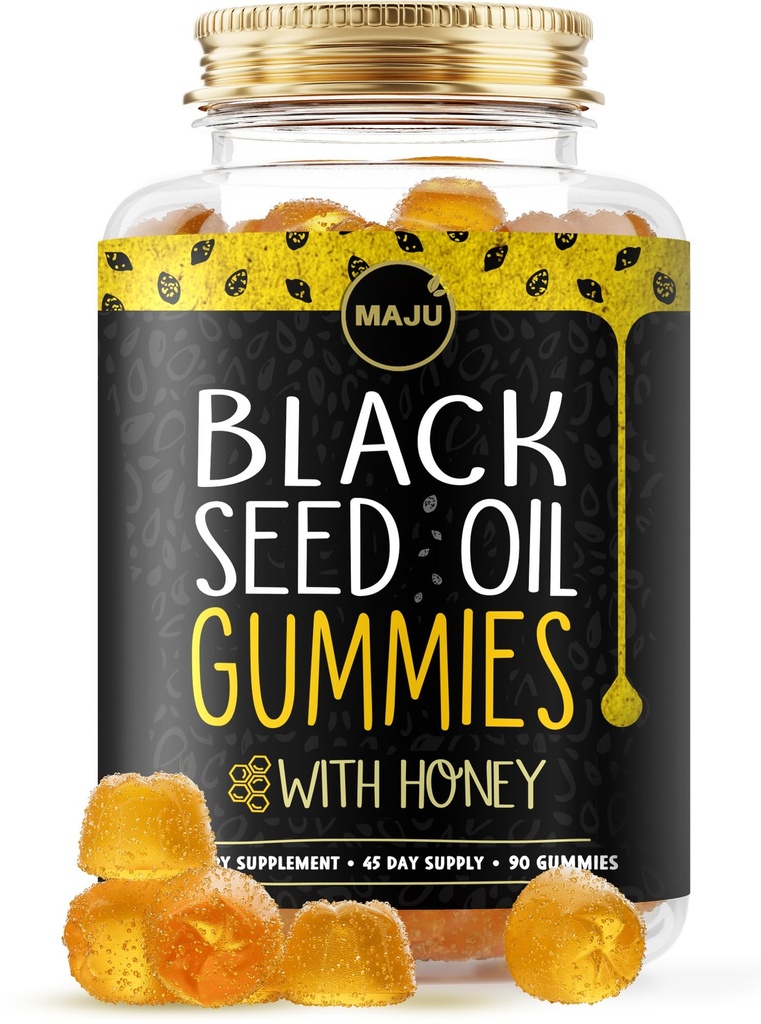 Black Seed Oil Gummies MAJU s medem 90ct, 500mg BSO Gummy, Black Cumin Seed Nigella Sativa Oil, Cold- Pressed, Potent Formule, 90ct