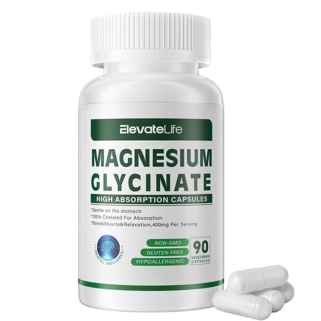 Glycinát hořečnatý 400 MG na podání 100% chelatovaný pro vysokou absorpci, Gentle On Stomach, Non- GMO, 90 Vegetariánských kapslí