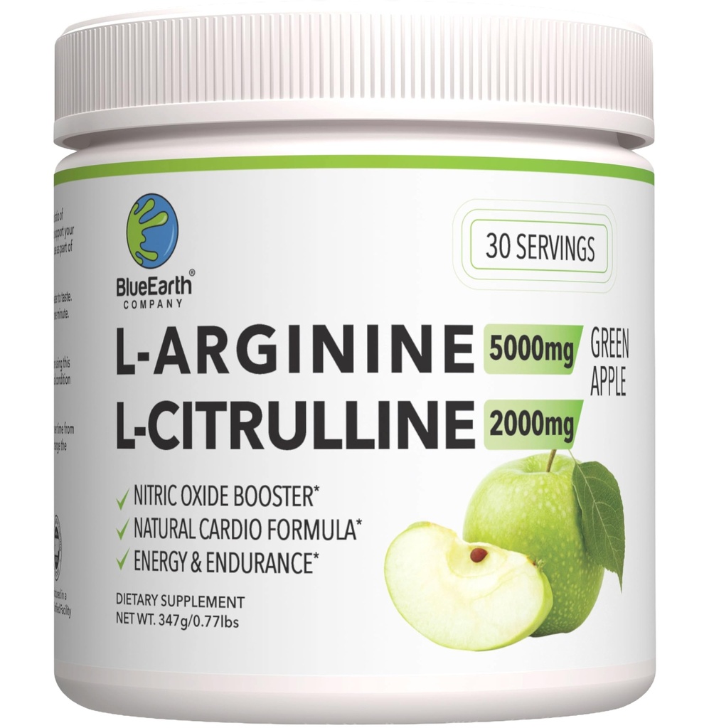 L- Arginin 5000mg + L- Citruline 2000mg Complex Powder Supplement Drink Mix - Nitric Oxide Booster for Heart Health, Blood Flow & Energy - 30 Servings (Green Apple)