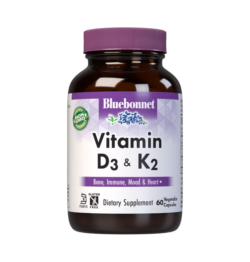Bluebonnet Nutrition Vitamin D3 & K2, Soy-Free, for Strong-Health Bones *, Gluten-Free, Non-GMO, Dairy-Free, Kosher Certified, Vegetarian, 60 Zeleninové kapsle, 60 Služeb