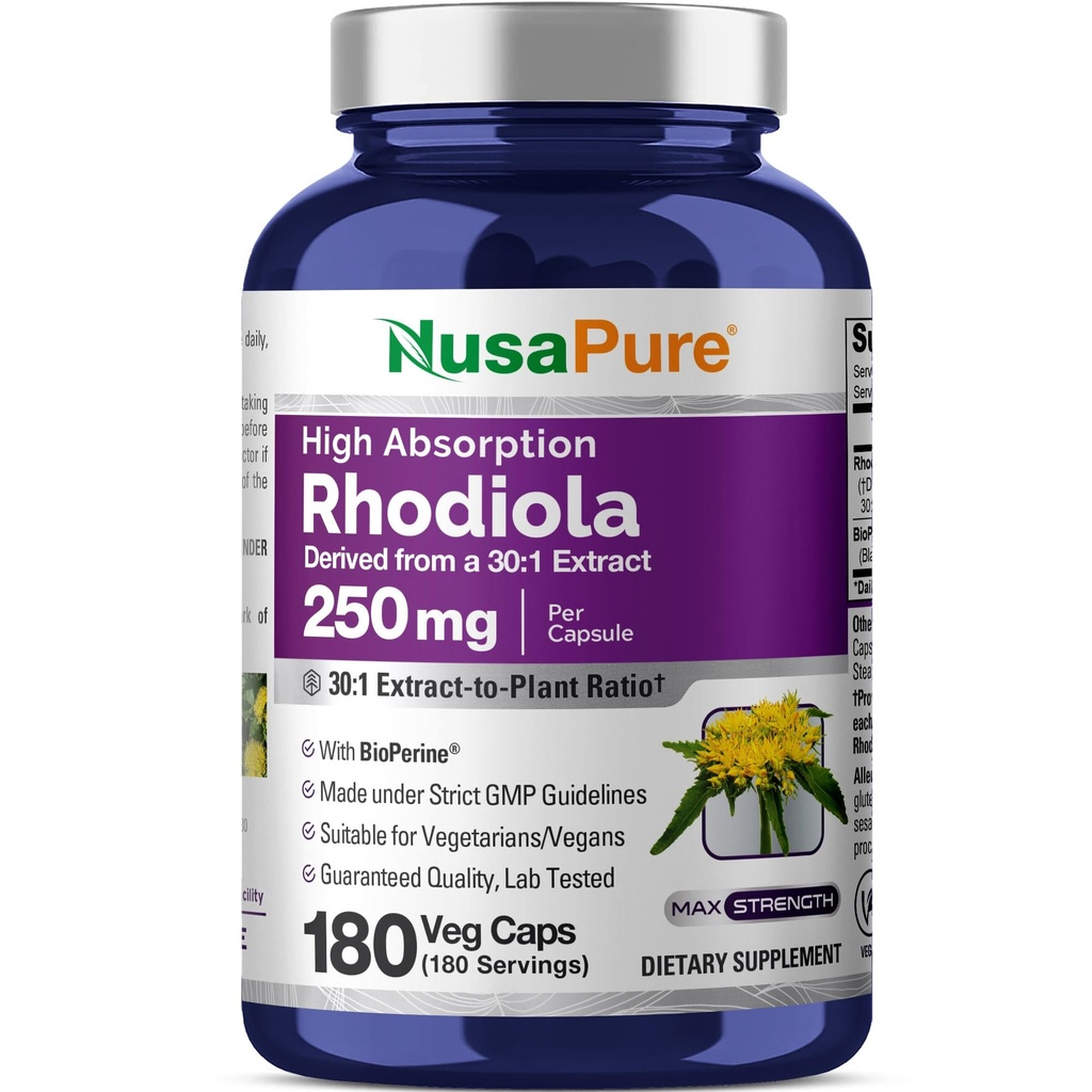 NusaPure Rhoddiola Rosea 7,500mg 180 Veggie Kapsle (Non- GMO, Extract 30: 1, Vegan & gluten- Free) Bioperin