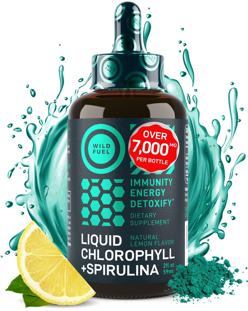 Tekutý chlorofyl Kapky se Spirulina pro vodu - Full Strength Energy, Wellness, Imunitní Supplement - 50mg Chlorofyl Liquid, 12.5mg Spirulina - Lemon Flavor Detox Drink - 2oz, 118 Servings