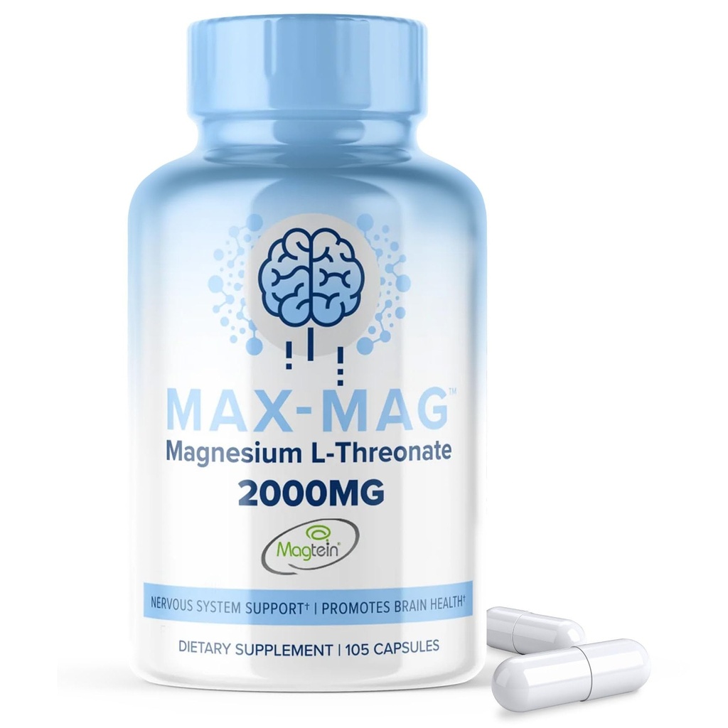 Max- Mag Magnesium L- Threonát dodatek - 105 Kapsle Vyrobeno v USA - Magtein 2000mg Komplex s vitaminem D3 a K2 pro spánek, Mood & Brain Magnesium L Threonát Kapsle Nutrition by MaxLife Naturals