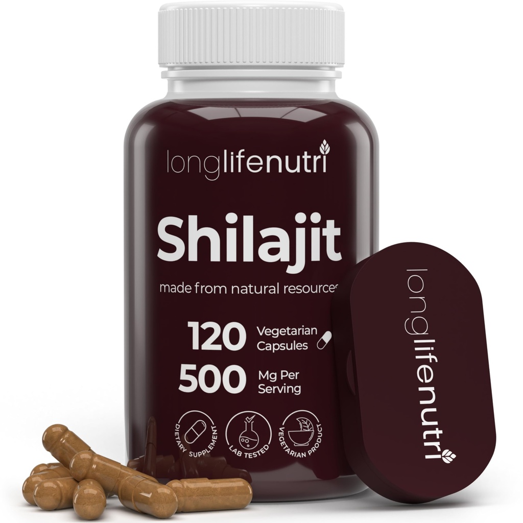 Shilajit Pure Himalayan Extract 500mg s 15% Fulvic Acid 500mg - 120 Vegetariánské kapsle, 4 Měsíční dodávky, Organický dodatek pro vitalitu a duševní jasnost, Made in USA, Gluten Free, Non- GMO